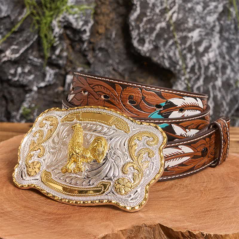 Gold Rooster DIY Western Cowboy Buckle Leather Belt - Rooster - Brown Feather Belt - 40 - image 9