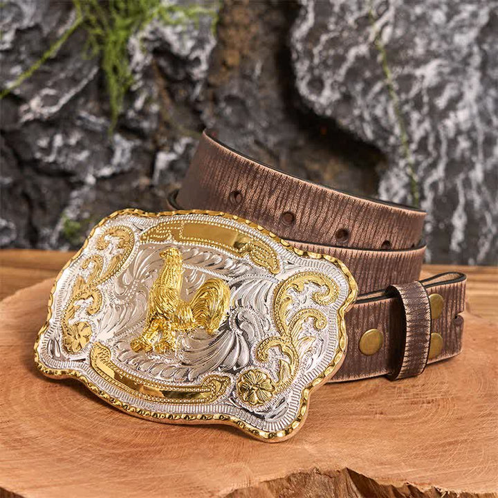 Gold Rooster DIY Western Cowboy Buckle Leather Belt - Rooster - Brown Distressed Belt - 42 - image 6