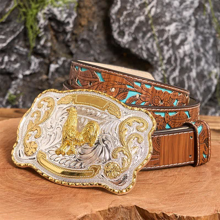 Gold Rooster DIY Western Cowboy Buckle Leather Belt - Rooster - Turquoise Carved Belt - 42 - image 5
