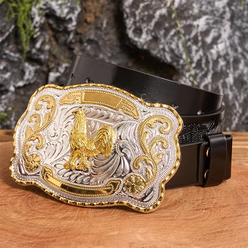 Gold Rooster DIY Western Cowboy Buckle Leather Belt - Rooster - Black Embossed Eagle Belt - 42 - image 1
