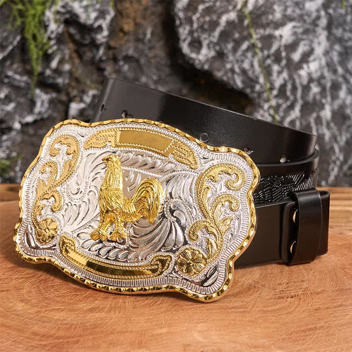 Gold Rooster DIY Western Cowboy Buckle Leather Belt - Rooster - Black Embossed Eagle Belt - 42 - image 1