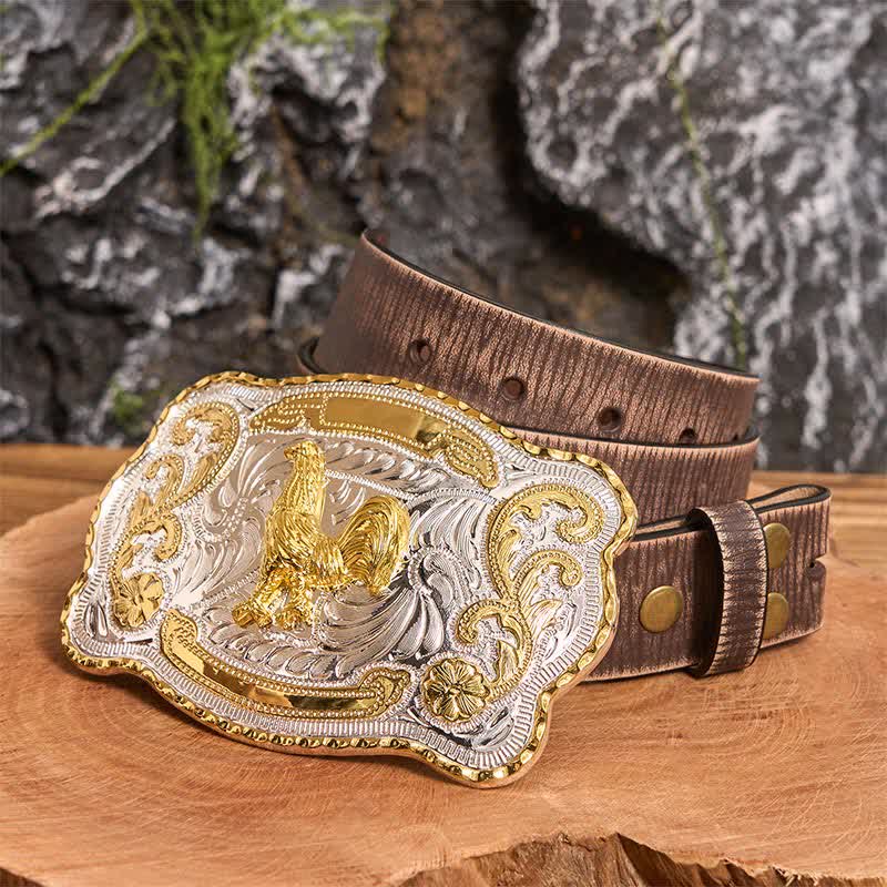 Gold Rooster DIY Western Cowboy Buckle Leather Belt - Rooster - Brown Distressed Belt - 42 - image 6