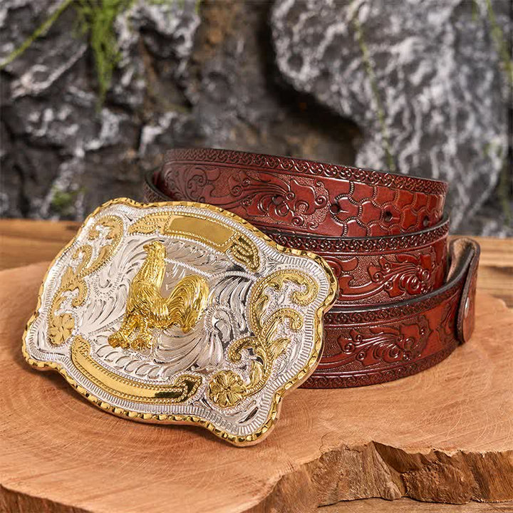 Gold Rooster DIY Western Cowboy Buckle Leather Belt - Rooster - Brown Carved Belt - 42 - image 7