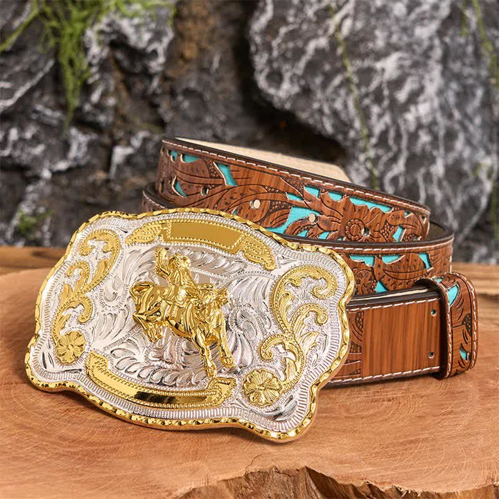 Gold Horseback Riding DIY Western Cowboy Buckle Leather Belt - Horseback Riding - Turquoise Carved Belt - 42 - image 5