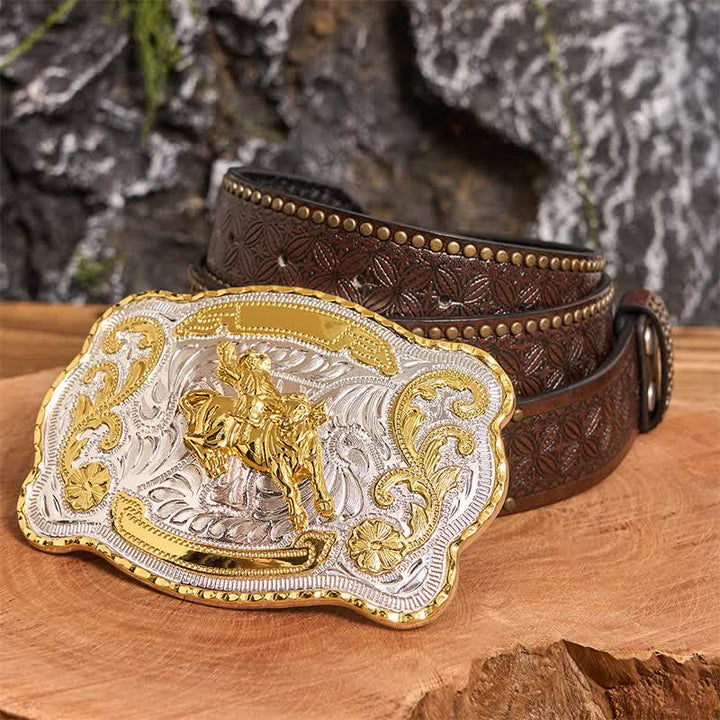 Gold Horseback Riding DIY Western Cowboy Buckle Leather Belt - Horseback Riding - Brown Rivet Belt - 42 - image 5