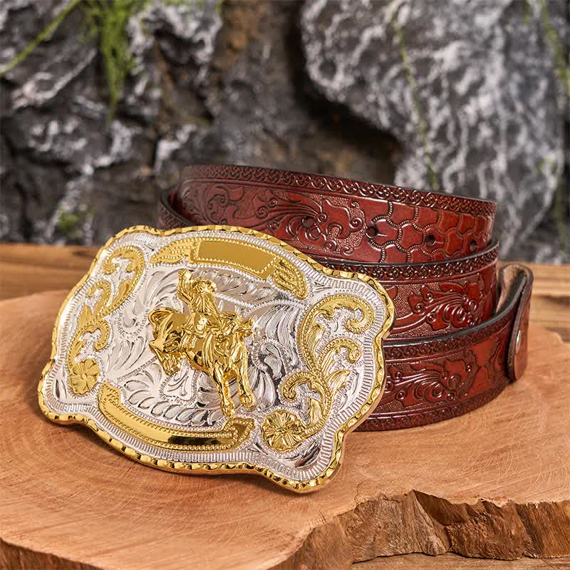 Gold Horseback Riding DIY Western Cowboy Buckle Leather Belt - Horseback Riding - Brown Carved Belt - 42 - image 8