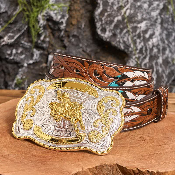 Gold Horseback Riding DIY Western Cowboy Buckle Leather Belt - Horseback Riding - Brown Feather Belt - 40 - image 9