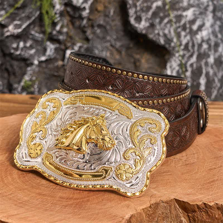 Gold Horse Head DIY Western Cowboy Buckle Leather Belt - Horse Head - Brown Rivet Belt - 42 - image 5