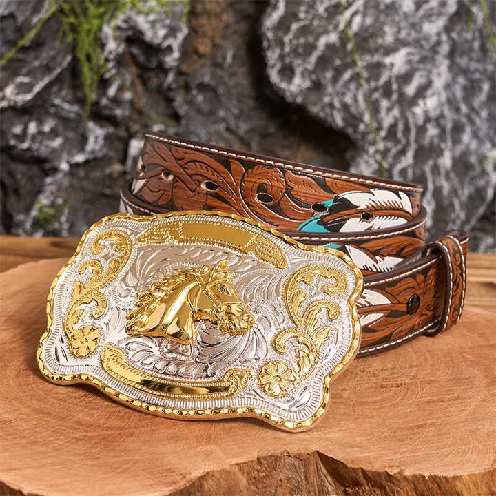 Gold Horse Head DIY Western Cowboy Buckle Leather Belt - Horse Head - Brown Feather Belt - 40 - image 8