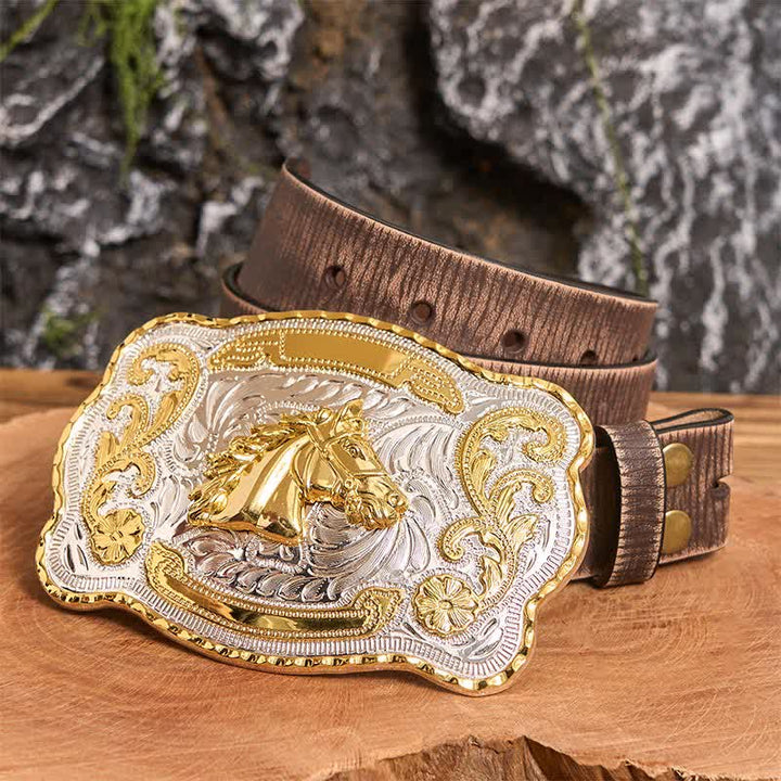 Gold Horse Head DIY Western Cowboy Buckle Leather Belt - Horse Head - Brown Distressed Belt - 42 - image 5