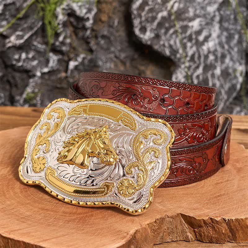 Gold Horse Head DIY Western Cowboy Buckle Leather Belt - Horse Head - Brown Carved Belt - 42 - image 6