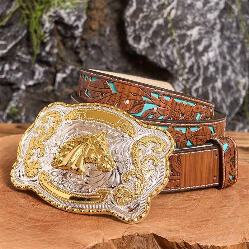 Gold Horse Head DIY Western Cowboy Buckle Leather Belt - Horse Head - Turquoise Carved Belt - 42 - image 3