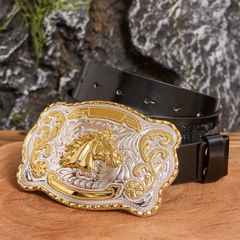 Gold Horse Head DIY Western Cowboy Buckle Leather Belt - Horse Head - Black Embossed Eagle Belt - 42 - image 1