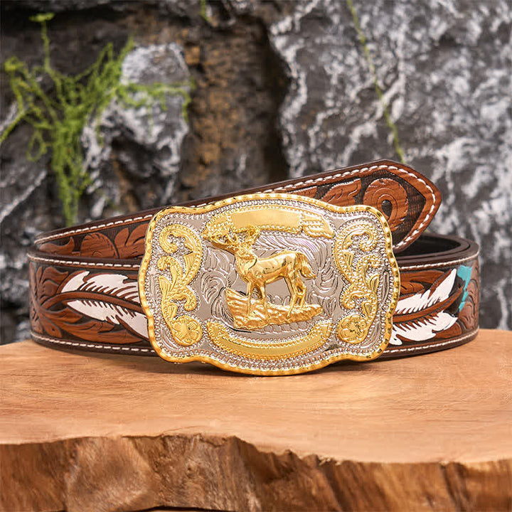 Gold Deer DIY Western Cowboy Buckle Leather Belt - Deer - Brown Feather Belt - 40 - image 9
