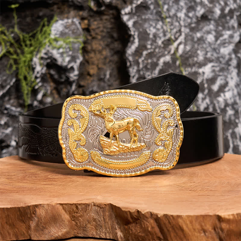 Gold Deer DIY Western Cowboy Buckle Leather Belt - Deer - Black Embossed Eagle Belt - 42 - image 1