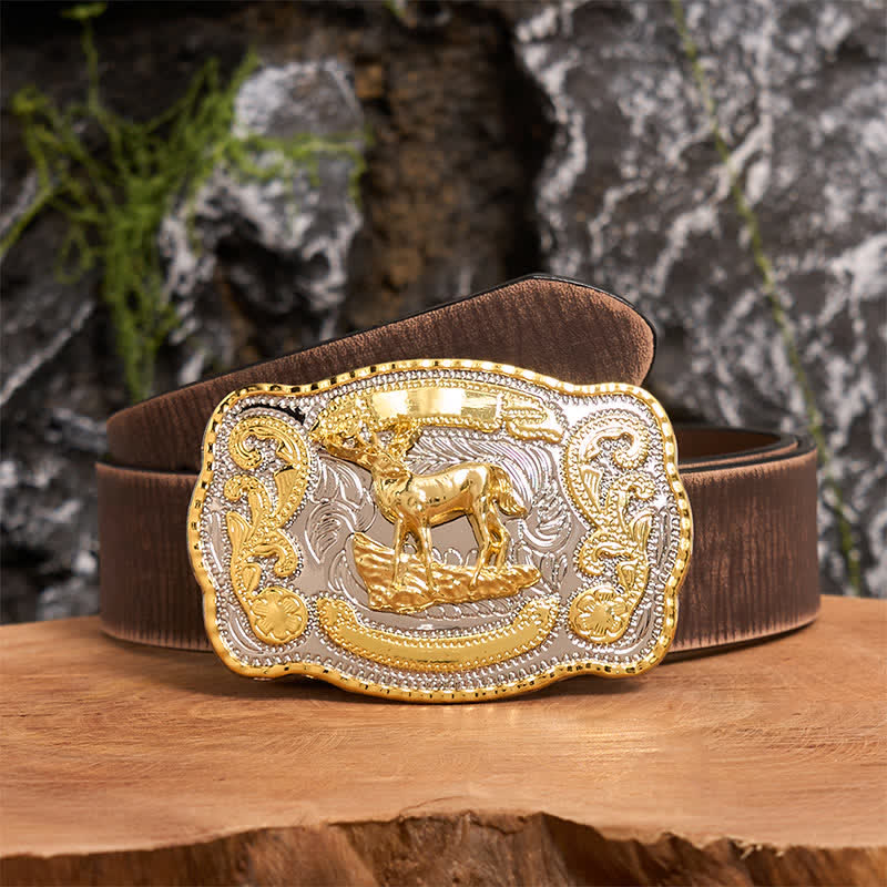 Gold Deer DIY Western Cowboy Buckle Leather Belt - Deer - Brown Distressed Belt - 42 - image 7