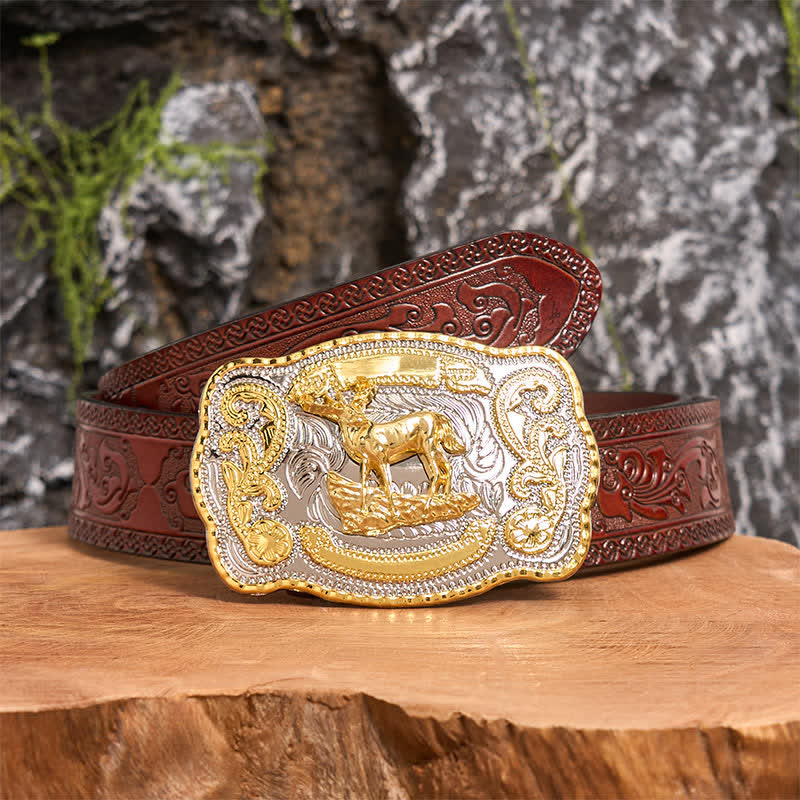 Gold Deer DIY Western Cowboy Buckle Leather Belt - Deer - Brown Carved Belt - 42 - image 7