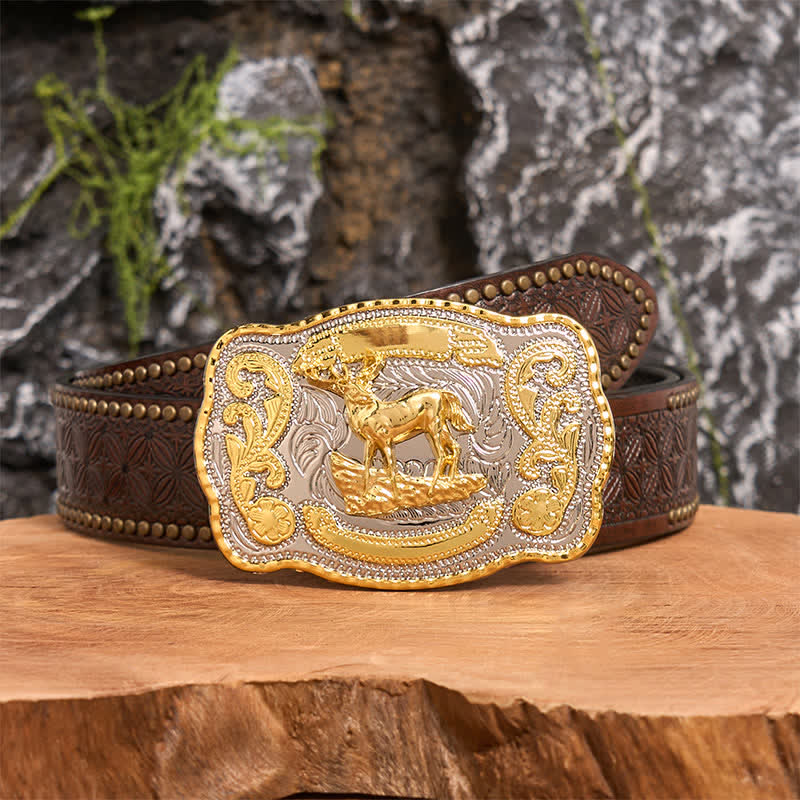 Gold Deer DIY Western Cowboy Buckle Leather Belt - Deer - Brown Rivet Belt - 42 - image 6