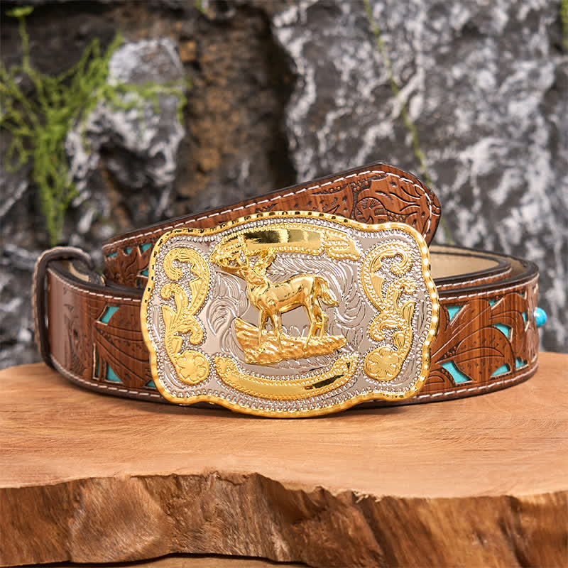 Gold Deer DIY Western Cowboy Buckle Leather Belt - Deer - Turquoise Carved Belt - 42 - image 5