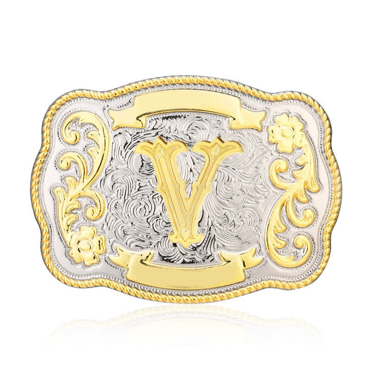 Golden & Silver DIY Western Initial Letter Buckle Leather Belt - V - Without Belt - image 21