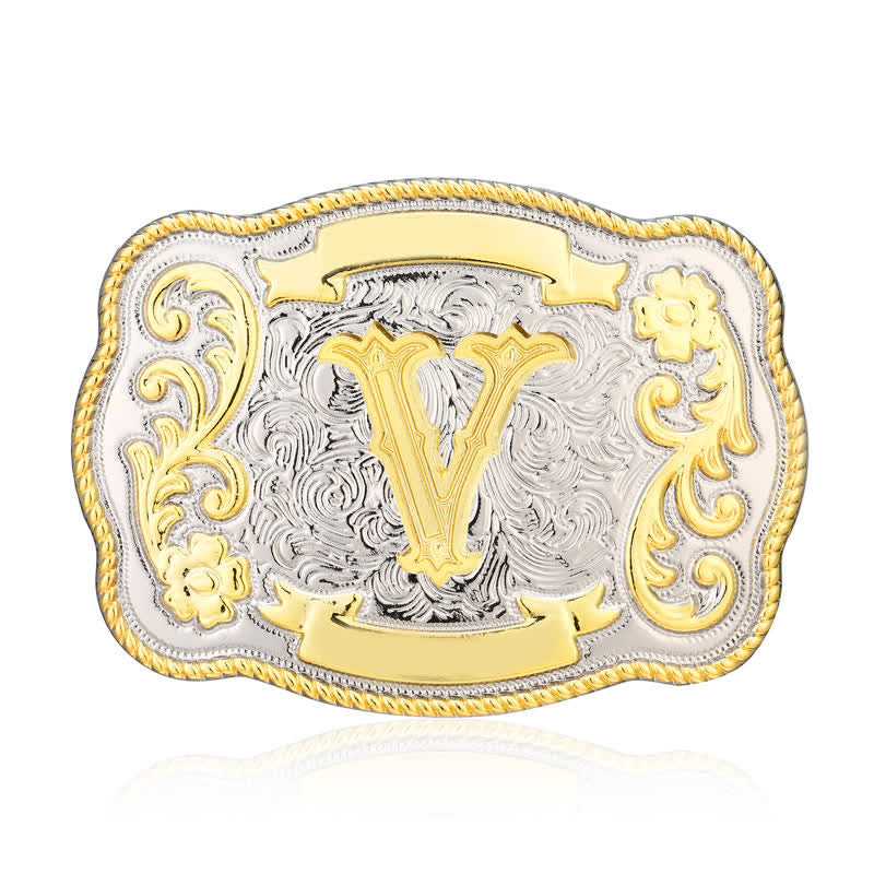 Golden & Silver DIY Western Initial Letter Buckle Leather Belt - V - Without Belt - image 20