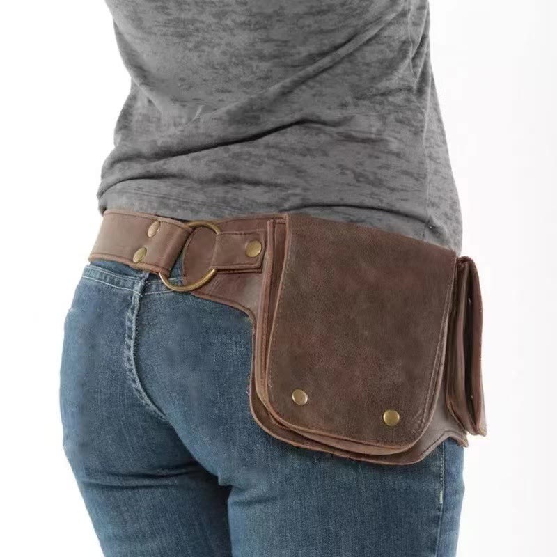 Unisex Retro Phone-Storage Button Leather Belt Bag - Coffee - image 6