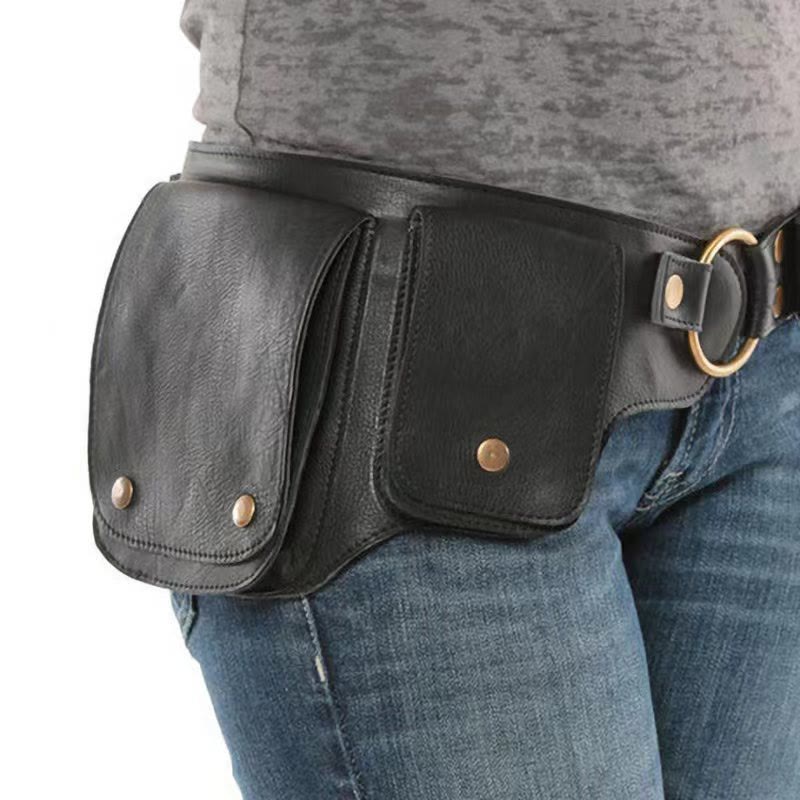 Unisex Retro Phone-Storage Button Leather Belt Bag - Black - image 0