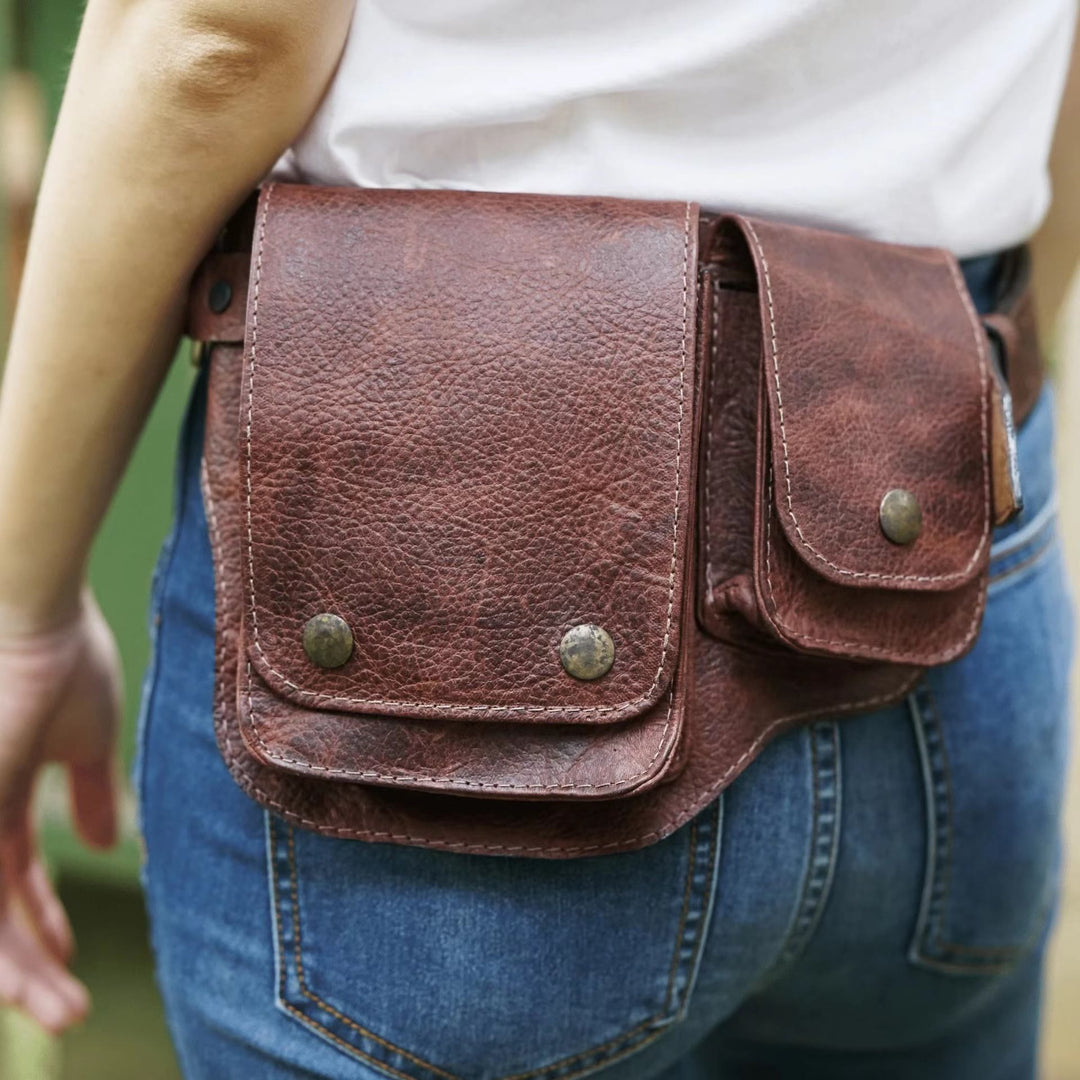 Unisex Retro Phone-Storage Button Leather Belt Bag - Brown - image 7