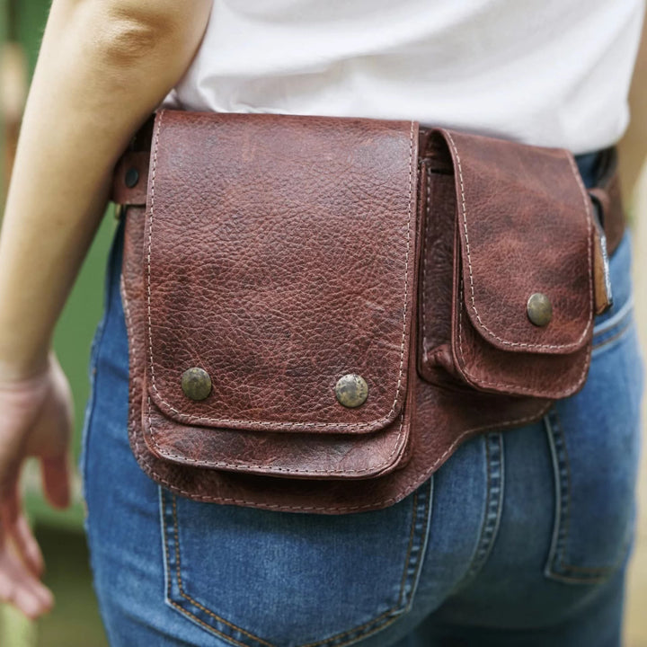 Unisex Retro Phone-Storage Button Leather Belt Bag - Brown - image 7