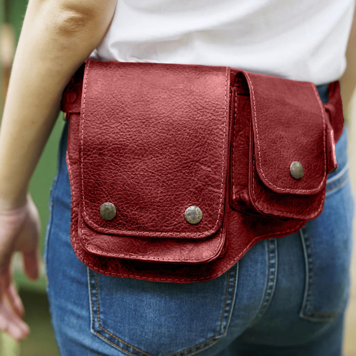 Unisex Retro Phone-Storage Button Leather Belt Bag - Red - image 5
