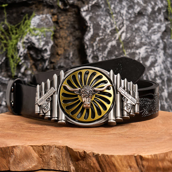 Western Silver Bull Head DIY Rotating Buckle Leather Belt - Bull Head - Black Embossed Eagle Belt - 42 - image 3