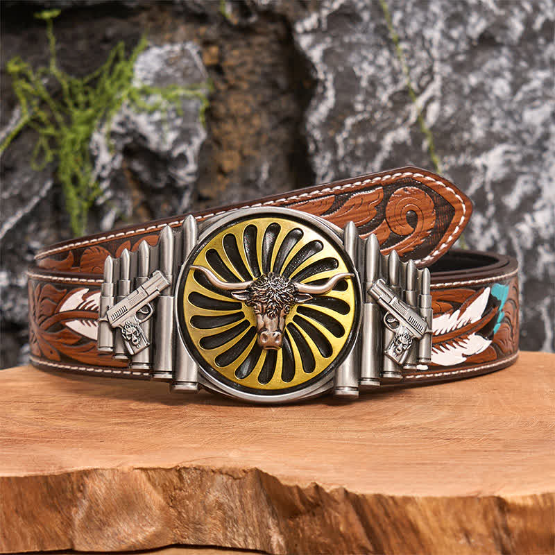 Western Silver Bull Head DIY Rotating Buckle Leather Belt - Bull Head - Brown Feather Belt - 40 - image 7
