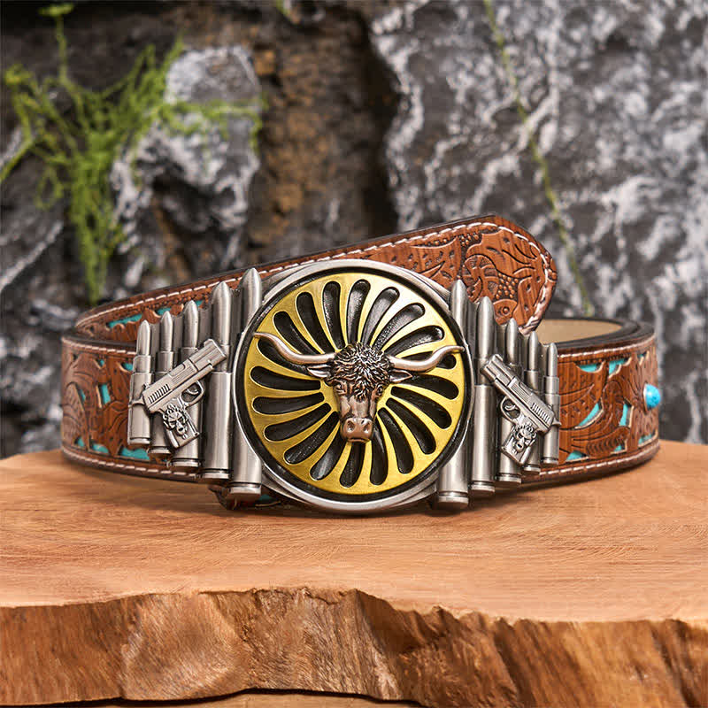 Western Silver Bull Head DIY Rotating Buckle Leather Belt - Bull Head - Turquoise Carved Belt - 42 - image 3