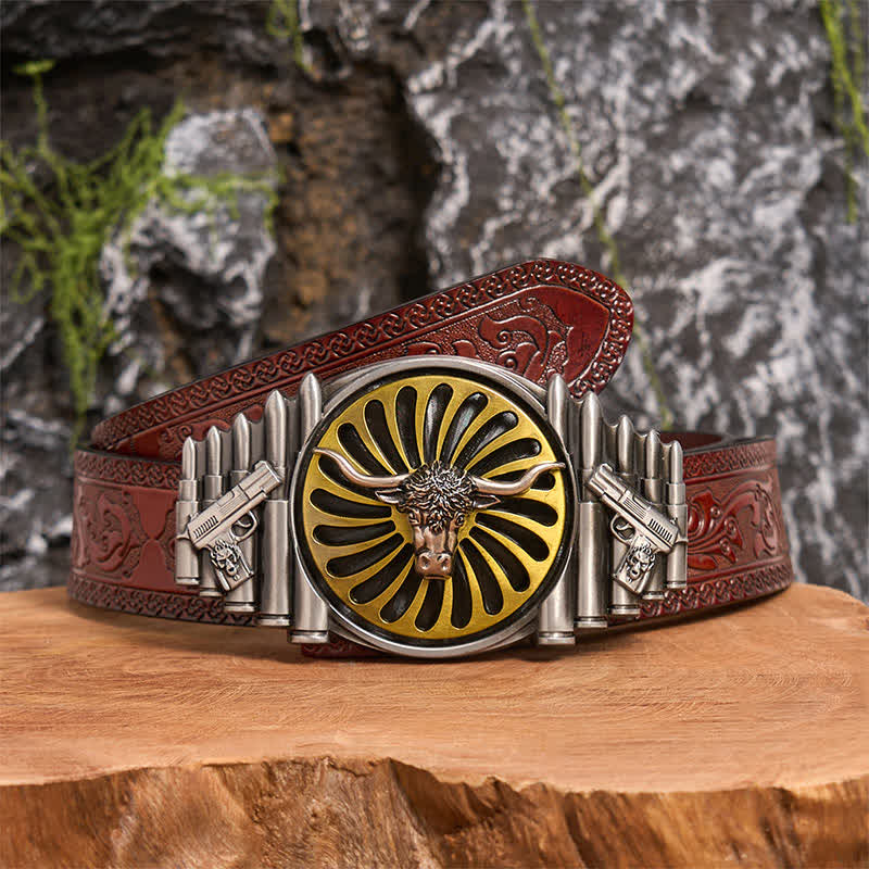 Western Silver Bull Head DIY Rotating Buckle Leather Belt - Bull Head - Brown Carved Belt - 42 - image 6