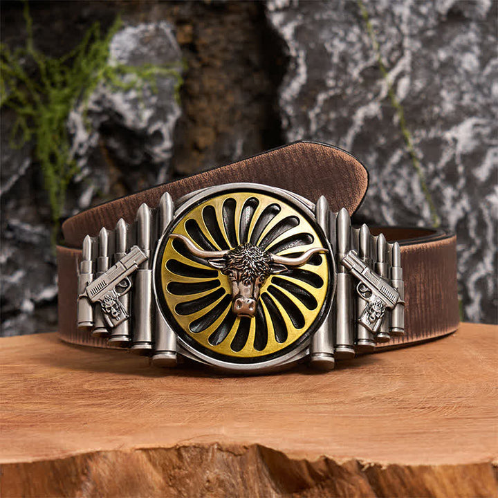 Western Silver Bull Head DIY Rotating Buckle Leather Belt - Bull Head - Brown Distressed Belt - 42 - image 5