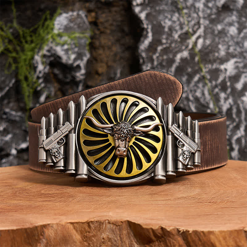 Western Silver Bull Head DIY Rotating Buckle Leather Belt - Bull Head - Brown Distressed Belt - 42 - image 6