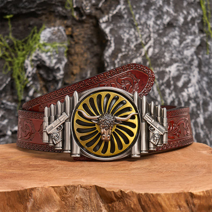 Western Silver Bull Head DIY Rotating Buckle Leather Belt - Bull Head - Brown Carved Belt - 42 - image 7