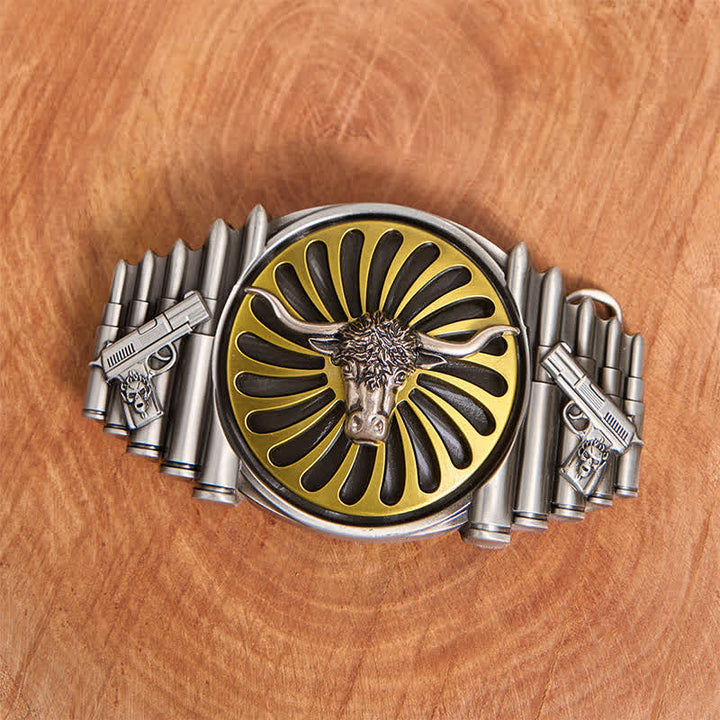 Western Silver Bull Head DIY Rotating Buckle Leather Belt - image 1