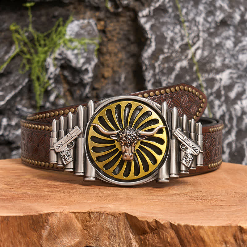 Western Silver Bull Head DIY Rotating Buckle Leather Belt - Bull Head - Brown Rivet Belt - 42 - image 5
