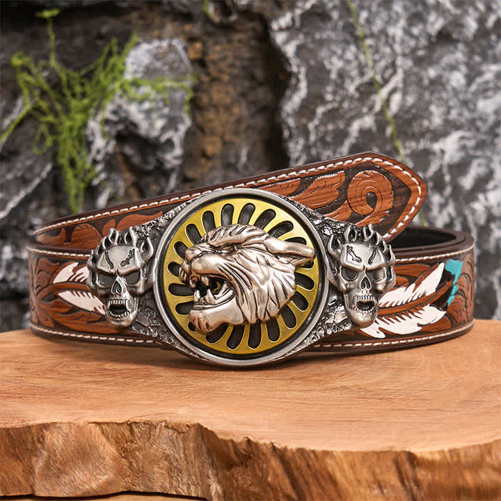 Silver Skull Roaring Tiger Head DIY Rotating Buckle Leather Belt - Tiger Head - Brown Feather Belt - 40 - image 6