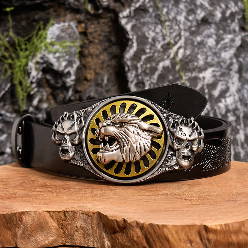 Silver Skull Roaring Tiger Head DIY Rotating Buckle Leather Belt - Tiger Head - Black Embossed Eagle Belt - 42 - image 3