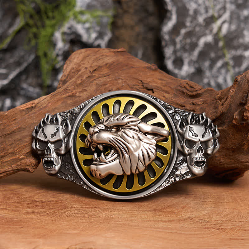 Silver Skull Roaring Tiger Head DIY Rotating Buckle Leather Belt - Tiger Head - Without Belt - Not Included Belt - image 1