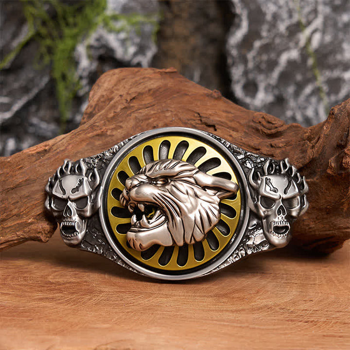Silver Skull Roaring Tiger Head DIY Rotating Buckle Leather Belt - Tiger Head - Without Belt - Not Included Belt - image 1