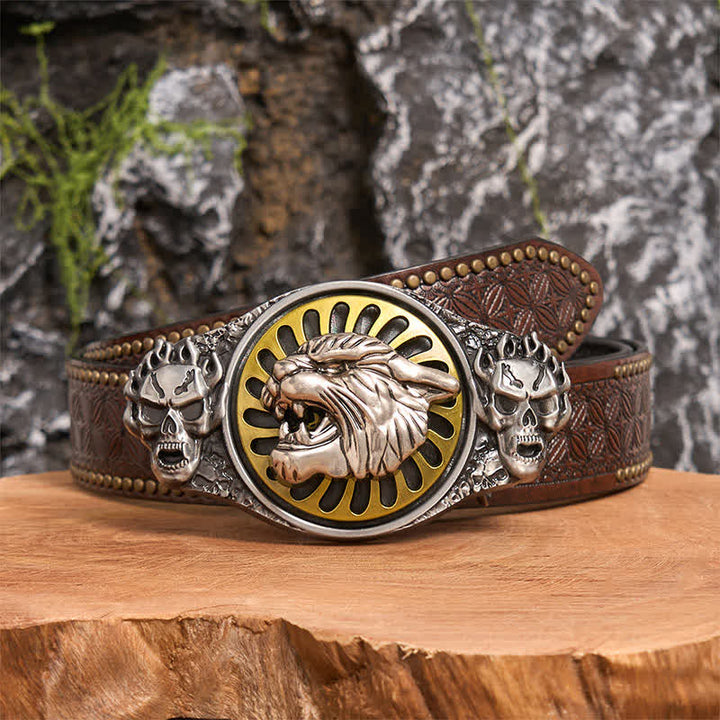 Silver Skull Roaring Tiger Head DIY Rotating Buckle Leather Belt - Tiger Head - Brown Rivet Belt - 42 - image 4
