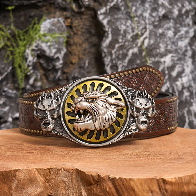 Silver Skull Roaring Tiger Head DIY Rotating Buckle Leather Belt - Tiger Head - Brown Rivet Belt - 42 - image 5