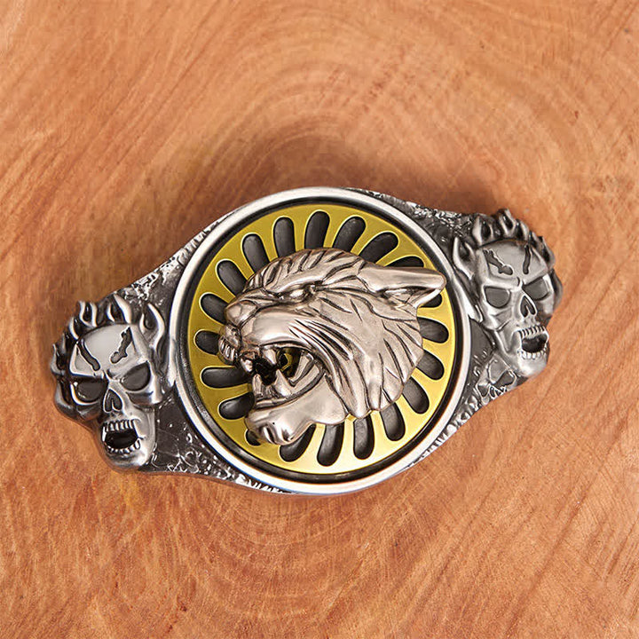 Silver Skull Roaring Tiger Head DIY Rotating Buckle Leather Belt - image 2