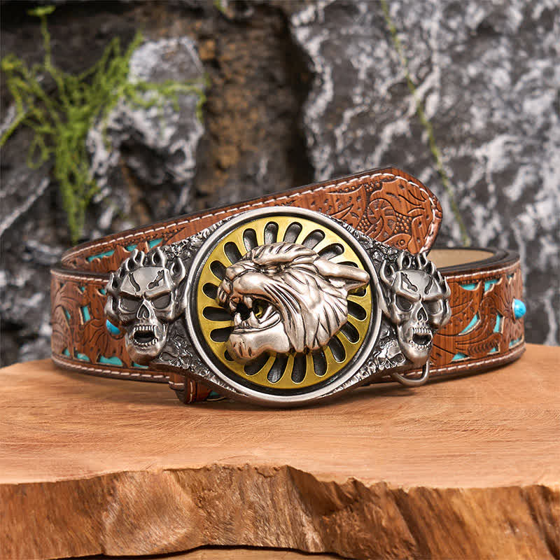 Silver Skull Roaring Tiger Head DIY Rotating Buckle Leather Belt - Tiger Head - Turquoise Carved Belt - 42 - image 3