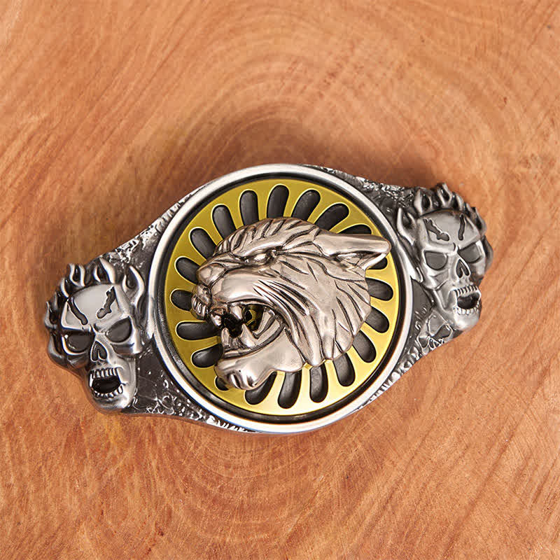 Silver Skull Roaring Tiger Head DIY Rotating Buckle Leather Belt - image 1