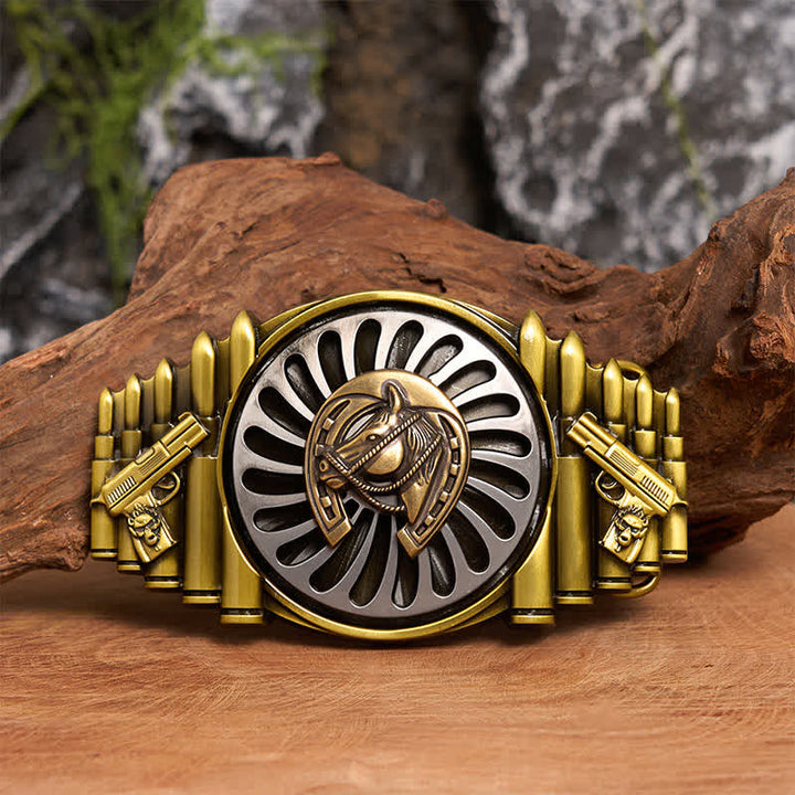 Rotating Bronze Horseshoe DIY Gun & Bullet Pattern Buckle Leather Belt - Horseshoe - Without Belt - Not Included Belt - image 1