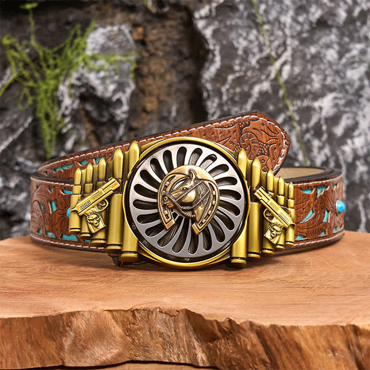 Rotating Bronze Horseshoe DIY Gun & Bullet Pattern Buckle Leather Belt - Horseshoe - Turquoise Carved Belt - 42 - image 4